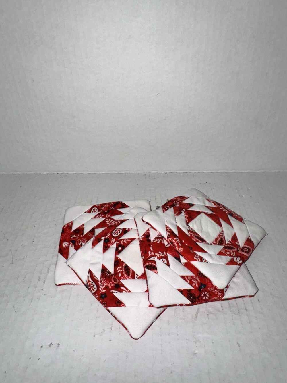 Handmade Fabric Coasters Set of 4 Red White Paisley Patchwork Mug Rugs